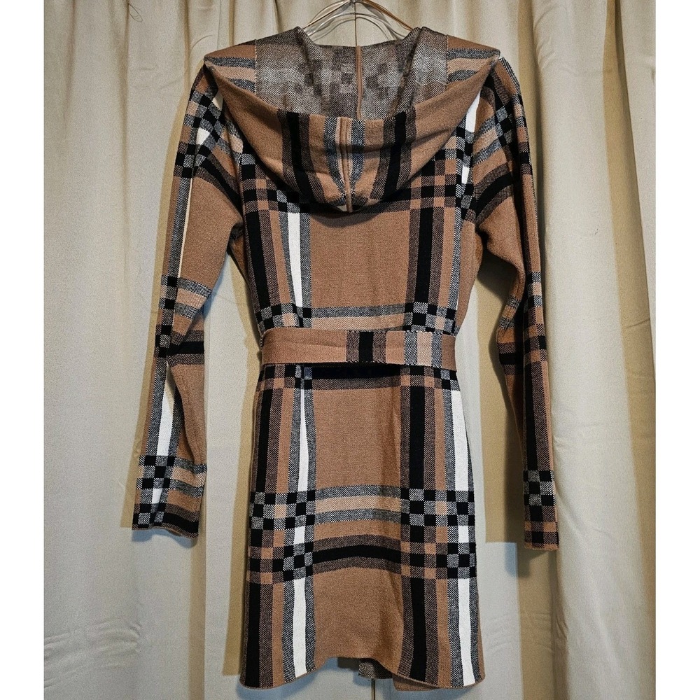 Christian Siriano Hooded Brown Plaid Cardigan Sweater Women's Size Medium - Picture 2 of 9